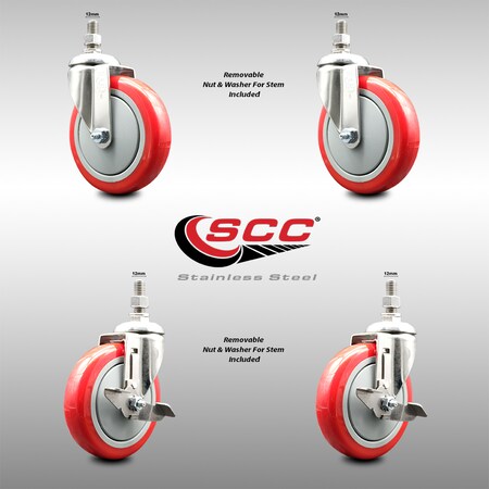 Service Caster 5 Inch 316SS Red Polyurethane Swivel 12mm Threaded Stem Caster Brake, 2PK SS316TS20S514-PPUB-RED-M1215-2-TLB-2